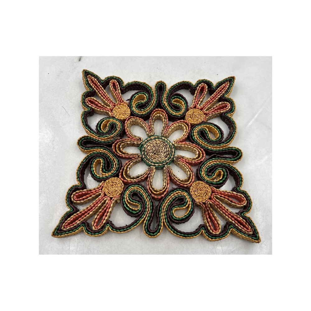 Vintage Woven Straw Trivet Floral Scroll Square Boho Kitchen Decor Earth Tones